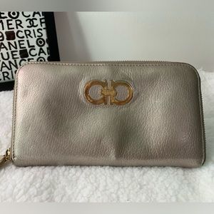 SOLD!!!Salvatore Ferragamo metallic gold zip around long wallet